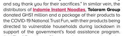 The report is about "unhealthy commodity industries" who should, apparently, sit around and count their money rather than help out. Unhealthy commodities like... noodles. 5/