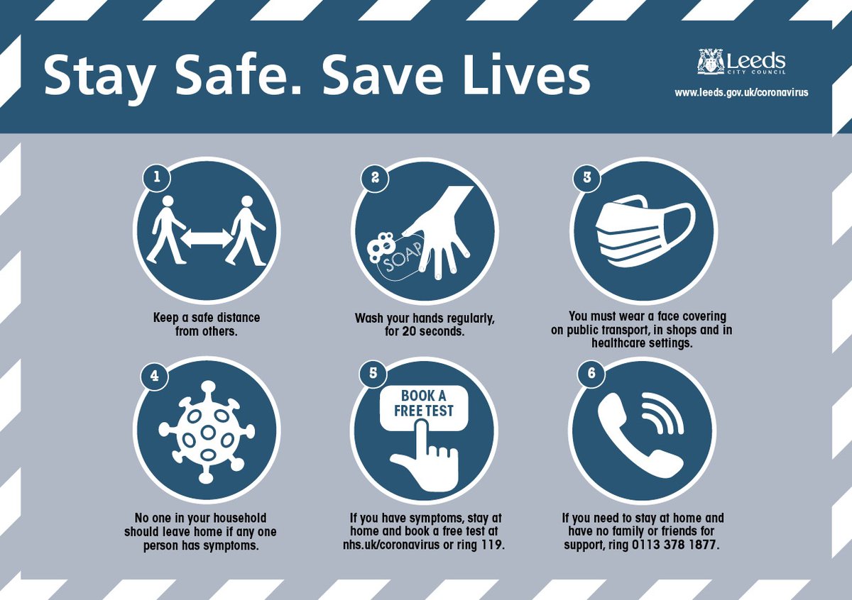 LeedsCC_News's tweet photo. Following a rise in #coronavirus cases across Leeds, we are reminding everyone to follow this key advice👇

▶️Self-isolate if you or anyone in your household has symptoms
▶️Keep a safe distance from others
▶️Wash your hands regularly
▶️Wear a face covering where mandatory https://t.co/M6aAe17PJb