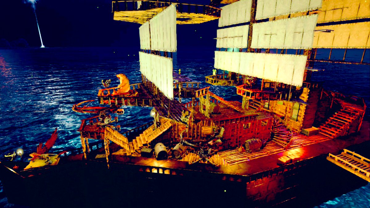 Oz On Twitter クリスタルアイルズにて 船拠点完成 夜に映えるようなライトアップ 船内バーではマスターが樽ビールを提供してます Ark Ark建築 Ps4share