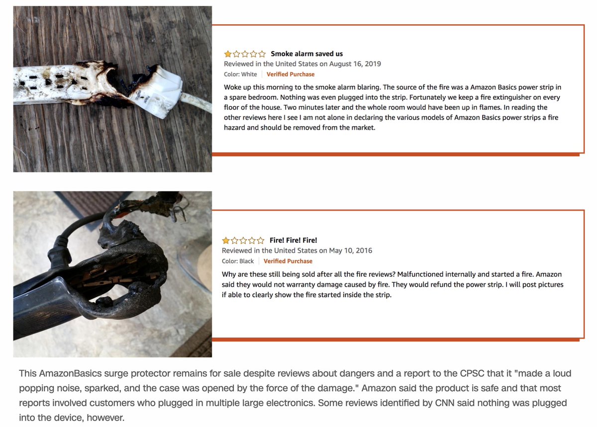 Amazon declined to provide details about why certain products were investigated and removed from its site. Others with repeated complaints about the same hazards are still available to purchase today, like this surge protector, which Amazon said is safe  http://cnn.it/3bKFpKL&nbsp;