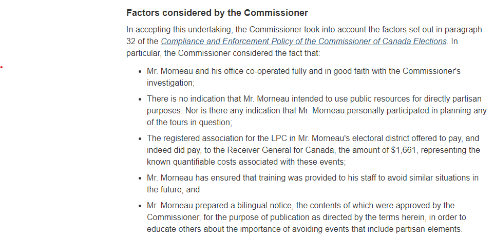 The commissioner noted that Morneau did not intend to break the Elections Act and that he "co-operated fully and in good faith" with the commissioner. The LPC paid back $1661, which were the known costs associated with the promotion of Liberal candidates at the events  #cdnpoli