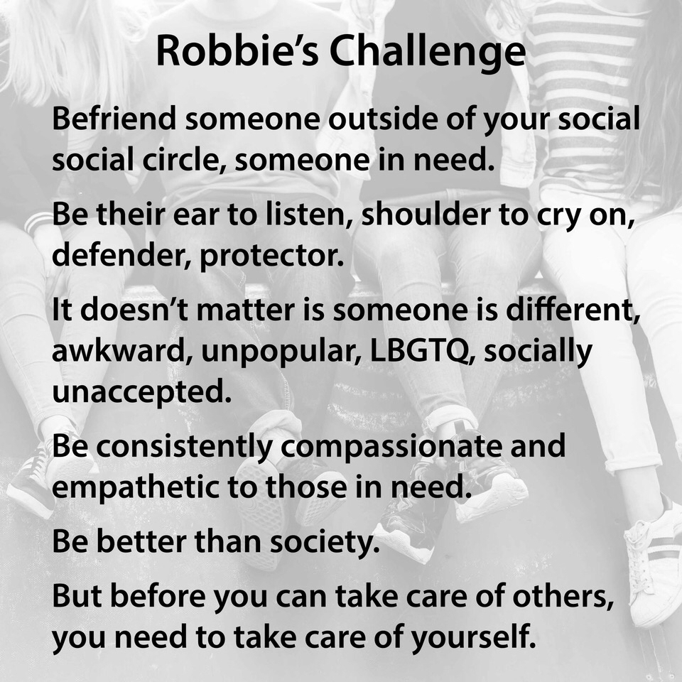 RobbiesHope1's tweet image. Check in with your friends and family and remember that It’s Ok to Not Be Ok. 

We miss you Robbie

#robbieshope #holdonpainends #itsoktonotbeok #estabiennoestarbien #mentalhealth #saludmental #suicideprevention #prevenciondelsuicido #teendepression #depresiónadolescente