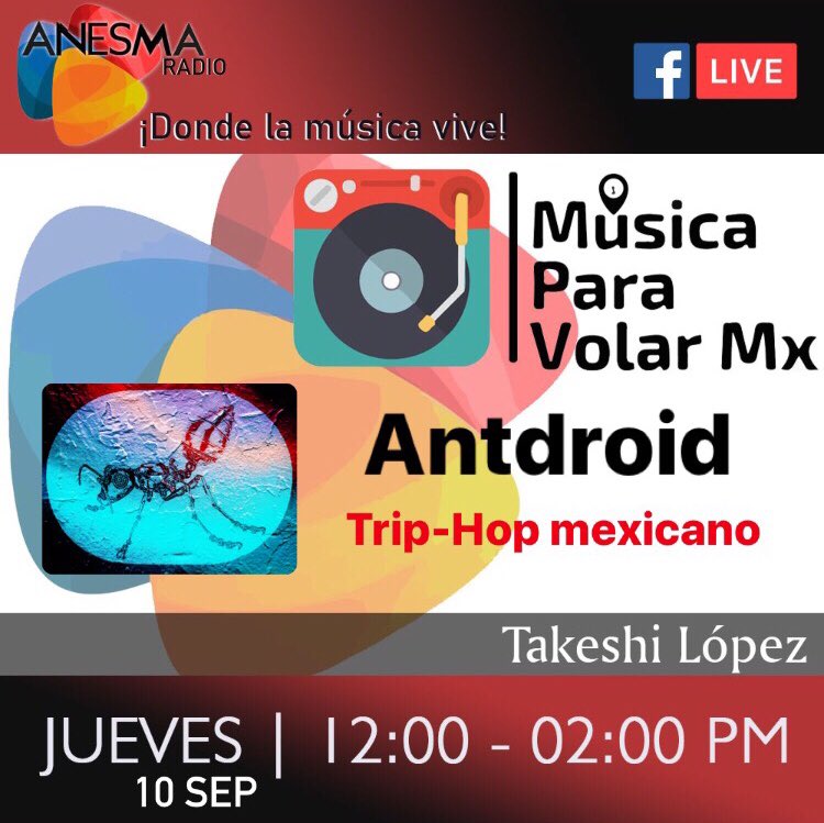 MParaVolarRadio's tweet photo. 🔥🔥#Radio sin censura🔥🔥
Tenemos la mejor información de #Turismo, #Cultura y #Música. 

Entrevista: #Antdroid proyecto de #Triphop mexicano.

Entra al FB de #AnesmaRadio 
Transmitimos EN VIVO🔴#fblive 
⏰12hrs a 14hrs #CDMX #col 
#MúsicaParaVolarMx #ULTIMAHORA #BuenJueves https://t.co/ygd4GI23mn