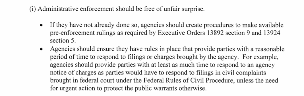 OMB also says that enforcement "should be free of unfair surprise" and calls for ensuring that parties have sufficient time to respond to filings.I know what I'm citing in our response to the new BIA rule which slashes the time people have to respond to filings!