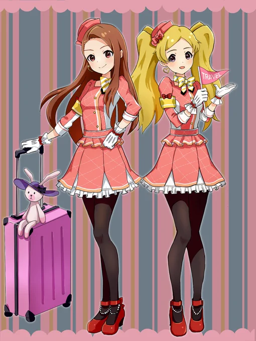 イベント曲も衣装もすっごく可愛い〜。スーツケースのパースがおかしいけど気にしない。。#アイドルマスター  #水瀬伊織 #エミリー #イラスト #ミリシタ 