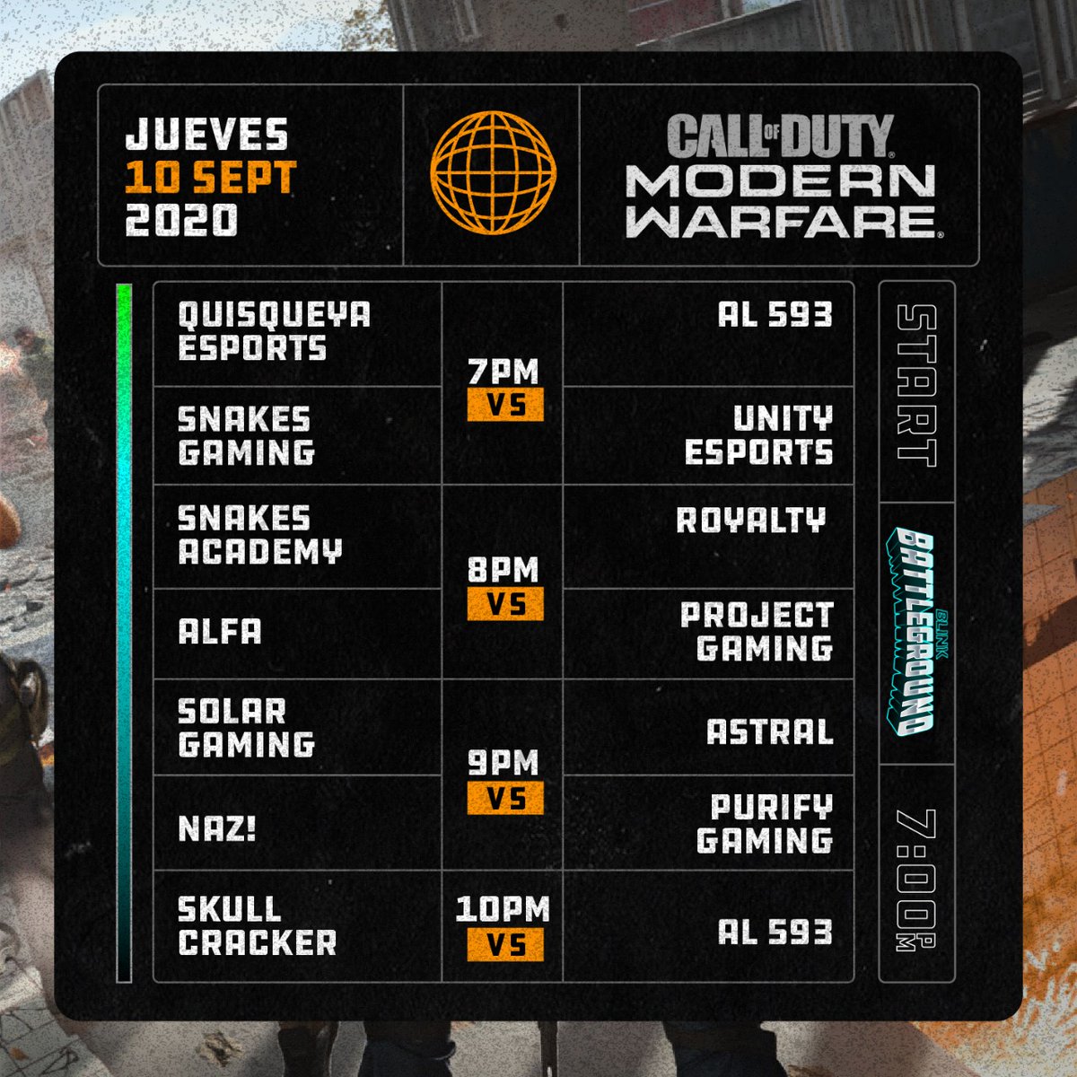 BlinkEsportsRD's tweet image. Calendario de juegos del torneo online #CODModernWarfare dentro de #BlinkBattleground para esta noche 😎

Sintoniza a partir de las 7:00 pm EST por 👾 twitch.tv/blinkesportsrd

#Blink #BlinkBattleground #COD #CallOfDuty