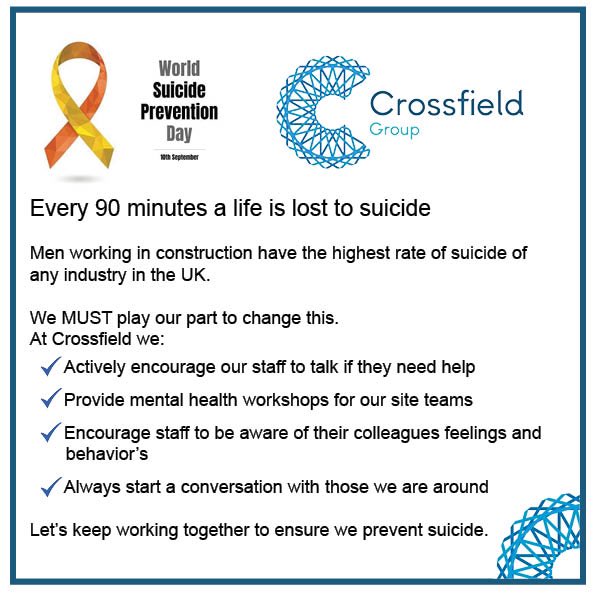 Men working in construction have the highest rate of suicide of any industry in the UK. 

This is a staggering fact that we MUST, as an industry do our bit to change. 

We must encourage our colleagues to #talk #beaware and #startaconversation. 

#WorldSuicidePreventionDay