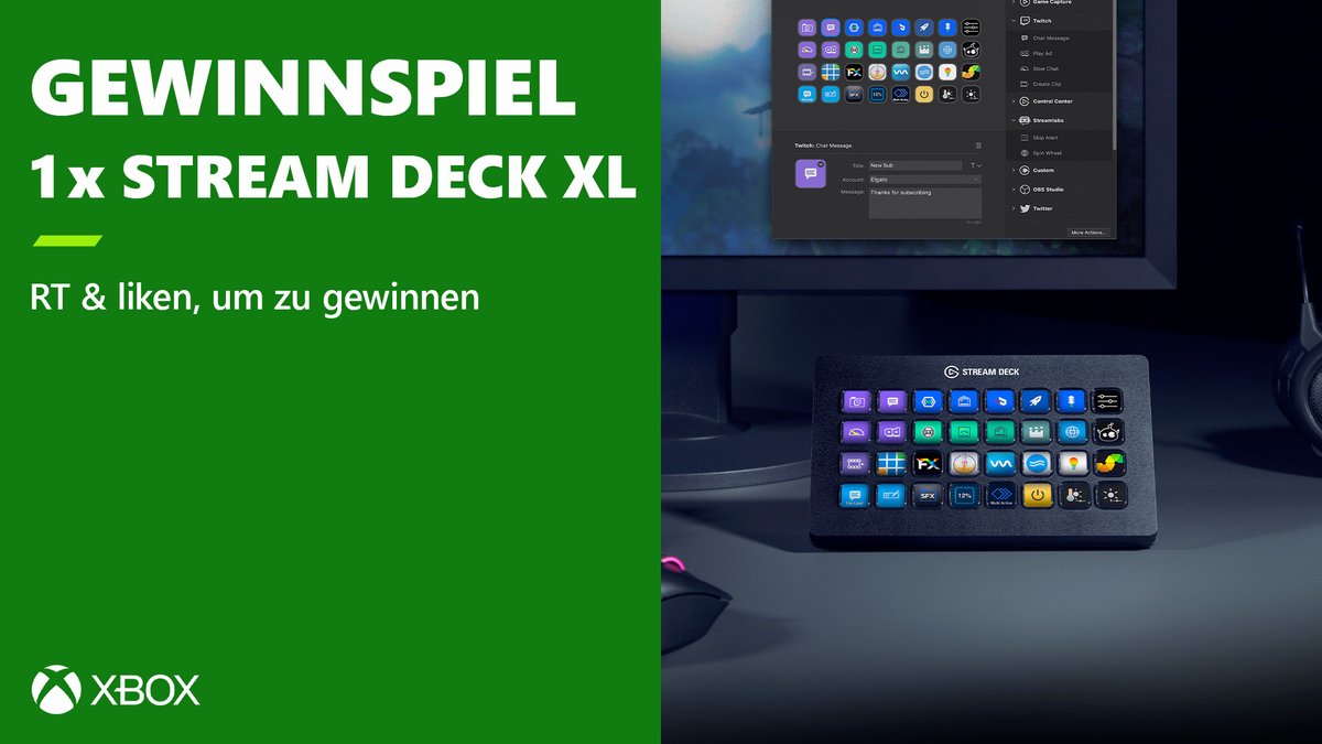 Wir verlosen ein cooles Stream Deck XL, mit dem ihr euren Content aufs nächste Level bringen könnt! 💪 

So macht ihr mit:
1. <a href="/elgatoDE/">Elgato DE</a> &amp; <a href="/XboxDACH/">Xbox DACH</a> folgen ✅
2. Tweet liken + RT ❤️🔁
3. Sagt uns, welche Funktion vom Stream Deck XL ihr als allererste nutzen werdet 👉