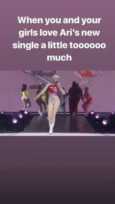 Ariana watching Miley's performance of slide away at VMA and posting on her ig story (again sorry for the bad quality)