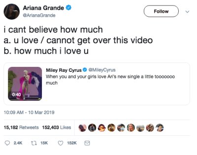Ariana watching Miley's performance of slide away at VMA and posting on her ig story (again sorry for the bad quality)