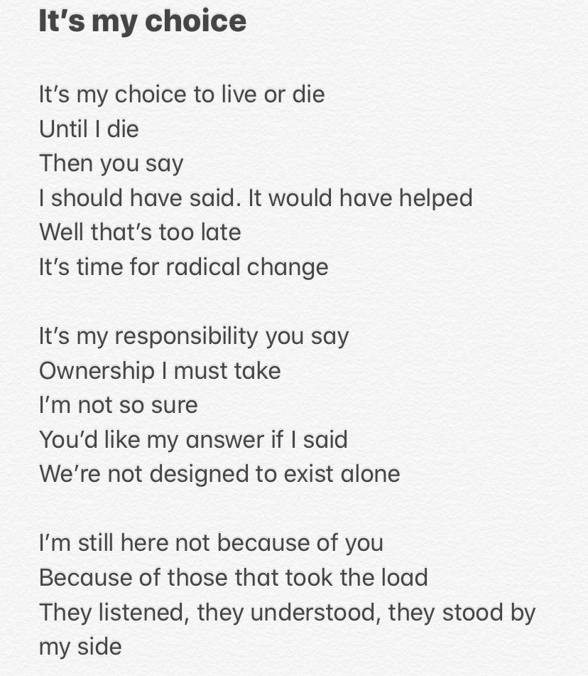 CW for suicide A poem from a member of our team for  #wspd   It’s a poem about their experience of feeling suicidal and asking for help from services supposed to help. “If we really want to prevent suicide the system needs to change - compassion and connection at the core”