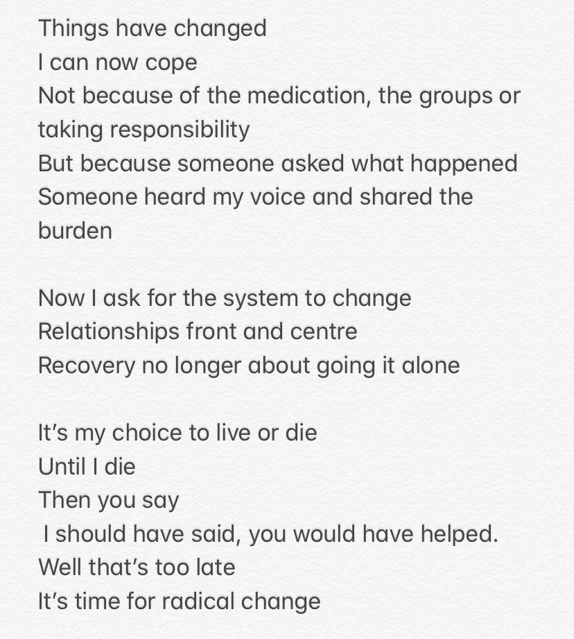 CW for suicide A poem from a member of our team for  #wspd   It’s a poem about their experience of feeling suicidal and asking for help from services supposed to help. “If we really want to prevent suicide the system needs to change - compassion and connection at the core”