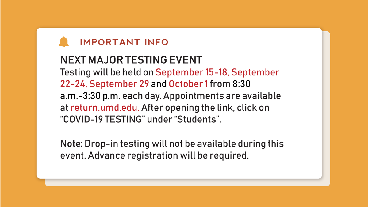 UMDSGA's tweet photo. #COVIDupdate You are required to be tested again in September if you live on campus or are planning to come to campus! Register for an appointment now: https://t.co/B3L6lV8X4d Stay #SafeTerps https://t.co/seXNnZP6iV