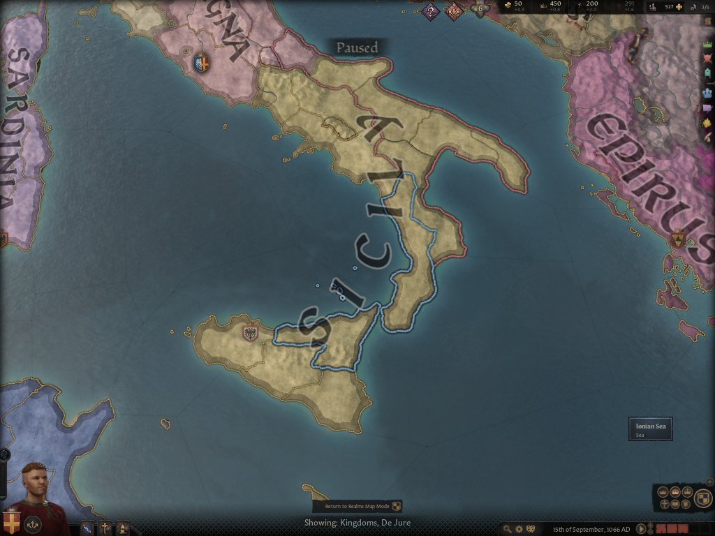 1. I bet you need a distraction today. So do I. So here's my unfolding, in progress campaign in the new PC strategy game "Crusader Kings III". I'm playing as Count Roger of Messina, who in real life founded the Norman Kingdom of Sicily.