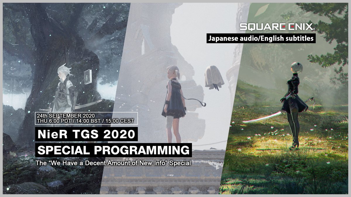 NieRGame's tweet photo. We’ll be presenting as part of Tokyo Game Show 2020 online on September 24th at 6:00 PDT / 14:00 BST / 15:00 CEST. #TGS2020 

You’ll be able to watch the "We Have a Decent Amount of New Info” special #NieR stream here: https://t.co/YprksiPQXS https://t.co/wqLr7es1gt