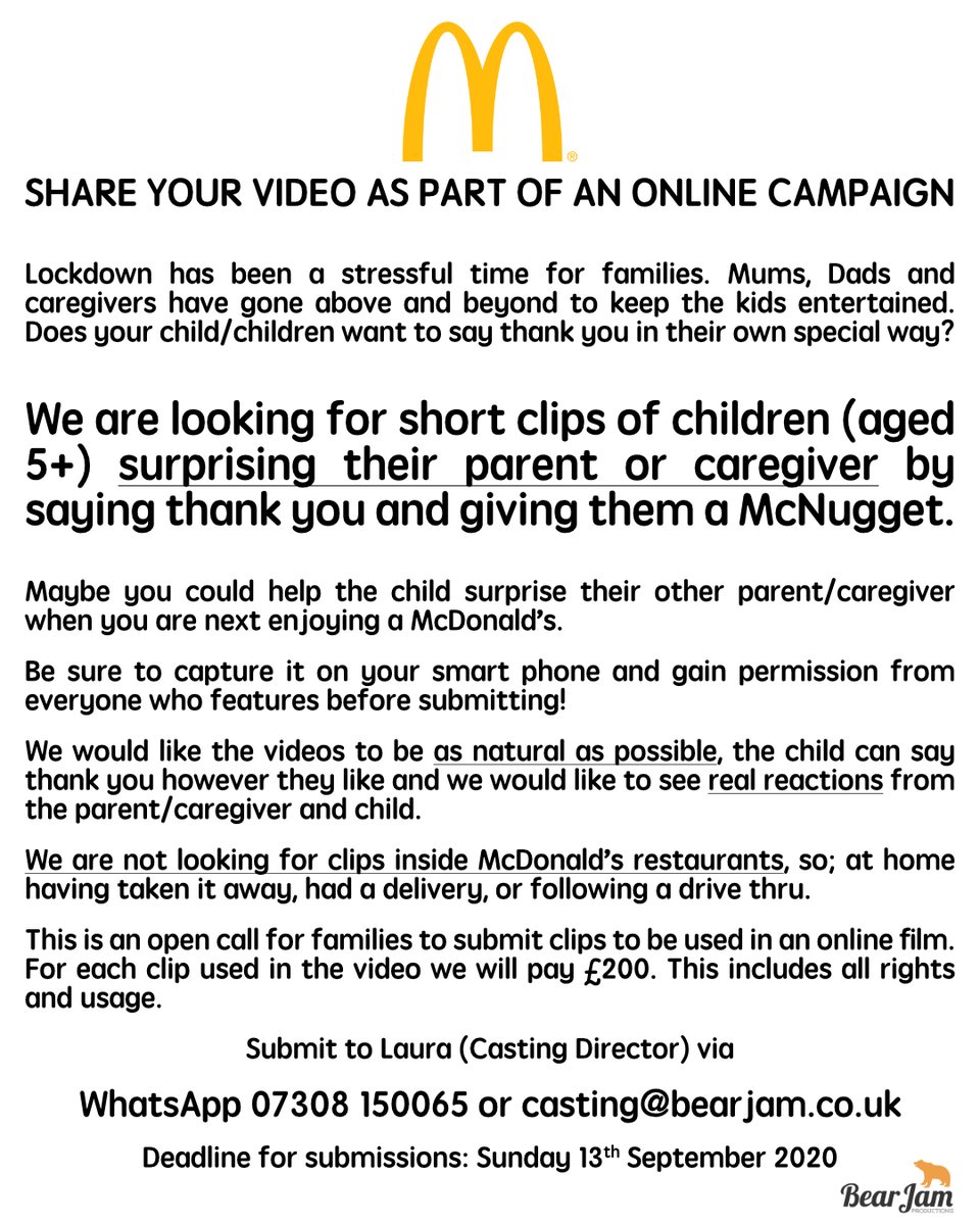 🎥  DO YOU AND YOUR KIDS LOVE MCDONALD'S? 🍟
We are looking for self-filmed tapes to feature in an online campaign. We'd love to see your child (aged 5+) surprise a parent/caregiver by saying thank you for all their efforts during lockdown and giving them a McNugget. Info below!
