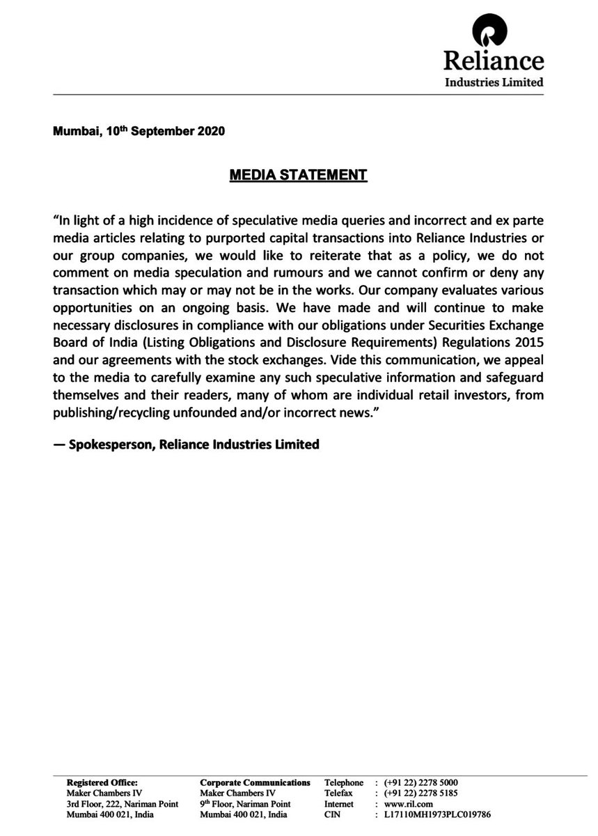 RIL_Updates's tweet photo. In light of a high incidence of speculative media queries and incorrect and ex parte media articles relating to purported capital transactions into Reliance Industries or our group companies an important statement for your kind support.

1/ https://t.co/OKov2uas2c