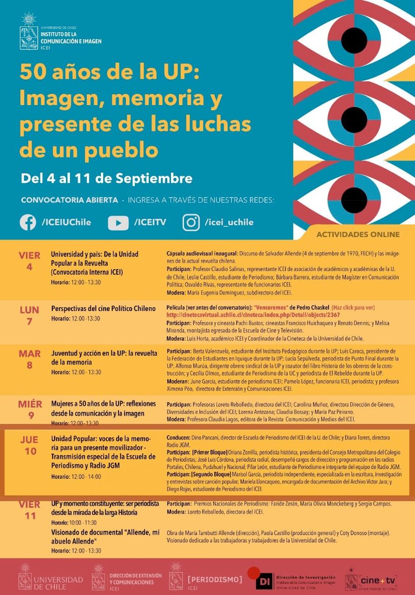 HOY desde las 12 horas, continua la semana conmemorativa "50 AÑOS DE LA UP: IMAGEN, MEMORIA Y PRESENTE DE LAS LUCHAS DE UN PUEBLO".
Revisa todas las actividades en icei.uchile.cl 👀 

🕑12 a 14 HRS
📺 veelo desde @ICEIUChile

#50AñosUP
#UnPasadoLlenoDeFuturo