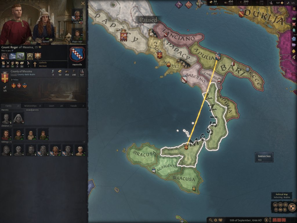 3. Roger controls three counties, outlined in white: Messina (his capital), Reggio Calabria, and Cosenza. He is calm, just, and chaste, and most importantly is an excellent military leader, with a special bent for fighting holy wars against "infidels".