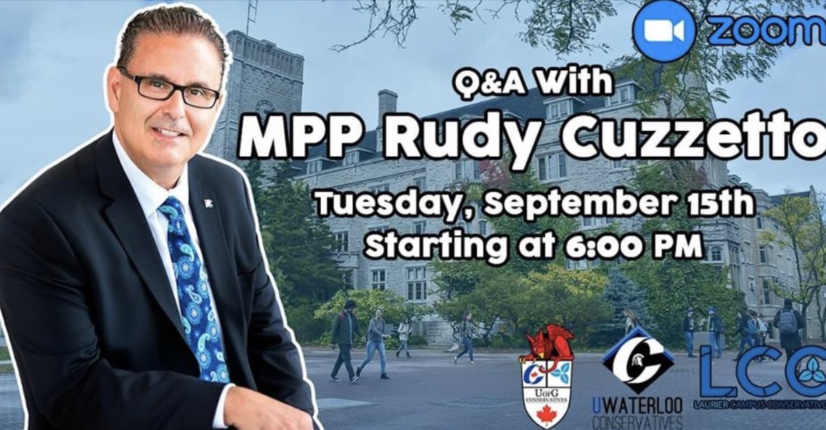 RudyCuzzetto's tweet photo. SAVE THE DATE: Looking forward to joining our future @OntarioPCParty leaders at @ConservativesUw, @WLUConservative, and @guelphcons (virtually) on Tuesday, September 15 at 6pm. #ForThePeople https://t.co/L2a1Uyp9N7