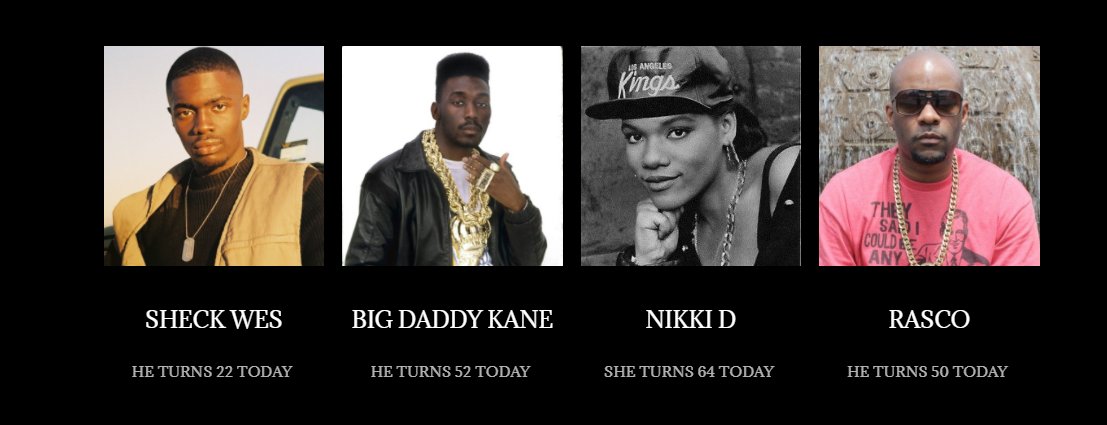 965TheBox's tweet photo. HAPPY BIRTHDAY TO @sheckwes, @bigdaddykane, @nikkid, and @rasco FROM THE ENTIRE 96.5 THE BOX FAMILY! π π π β β β β
Sheck Wes TURNS 22 TODAY!π Big Daddy Kane turns 52 TODAY! ππβ NIKKI D TURNS 62 TODAY! RASCO TURNS 50 TODAY!β β β
β β β β
#965thebox #hiphop #happybirthday https://t.co/cwsd4wfKyI