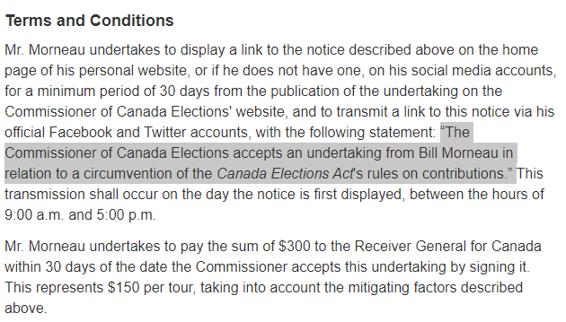 Another consequence Morneau agreed to was to post on his website or social media accounts, the statement highlighted in the screenshot bellow. I've checked his facebook, twitter and websites and he has yet to post it.  #cdnpoli