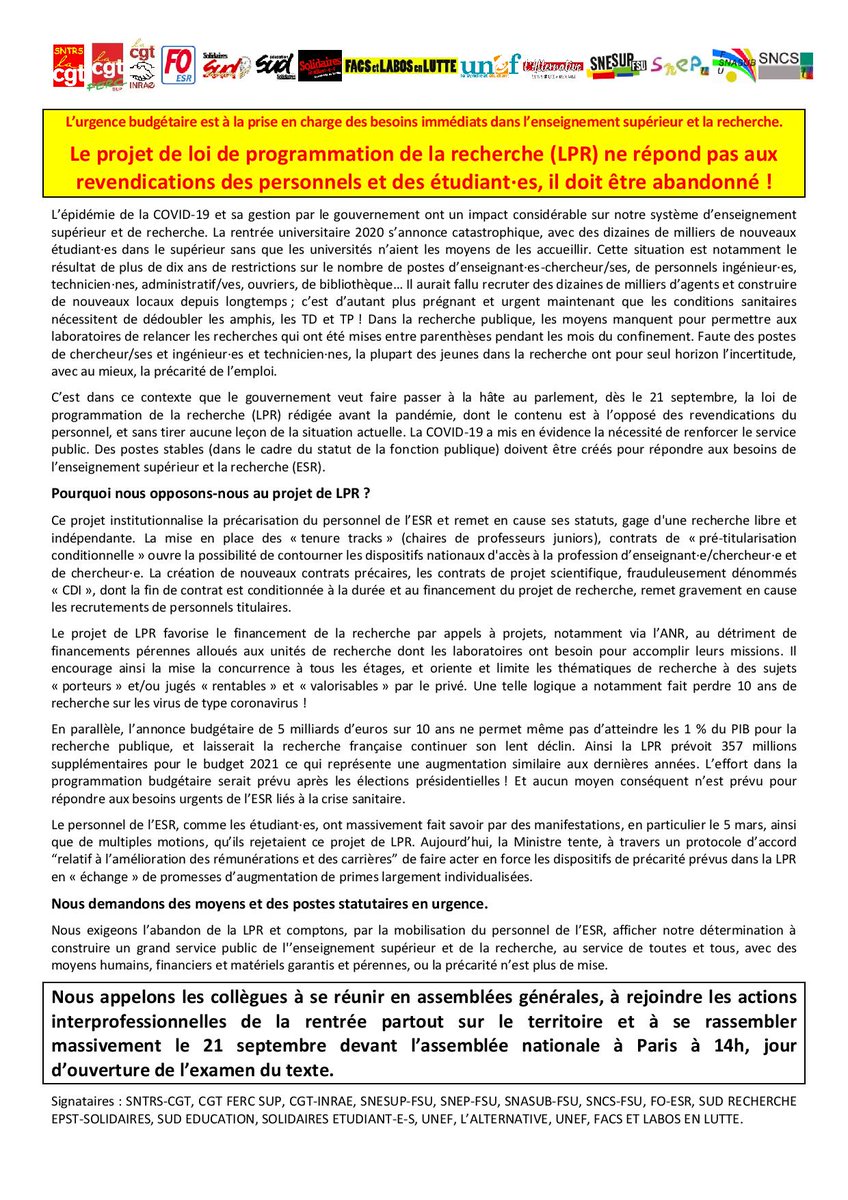 Le projet de loi de programmation de la recherche (LPR) ne répond pas aux revendications des personnels et des étudiant-e-s, il doit être abandonné !
#LPPR