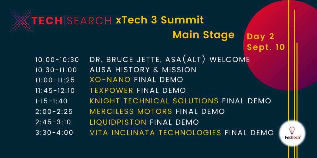USARMYPIT's tweet photo. Good luck to the xTechSearch 3 finalists presenting demos today at #xTech3Summit.
Watch @Xonano_Foam, #TexPower, #KTS, #MercilessMotors, @LiquidPiston, and @vitainclinata here: https://t.co/NSzrFZjLt1.
#LearnMore about each finalist on our website: https://t.co/oRRsmLREsl https://t.co/QCSjOjAZTg