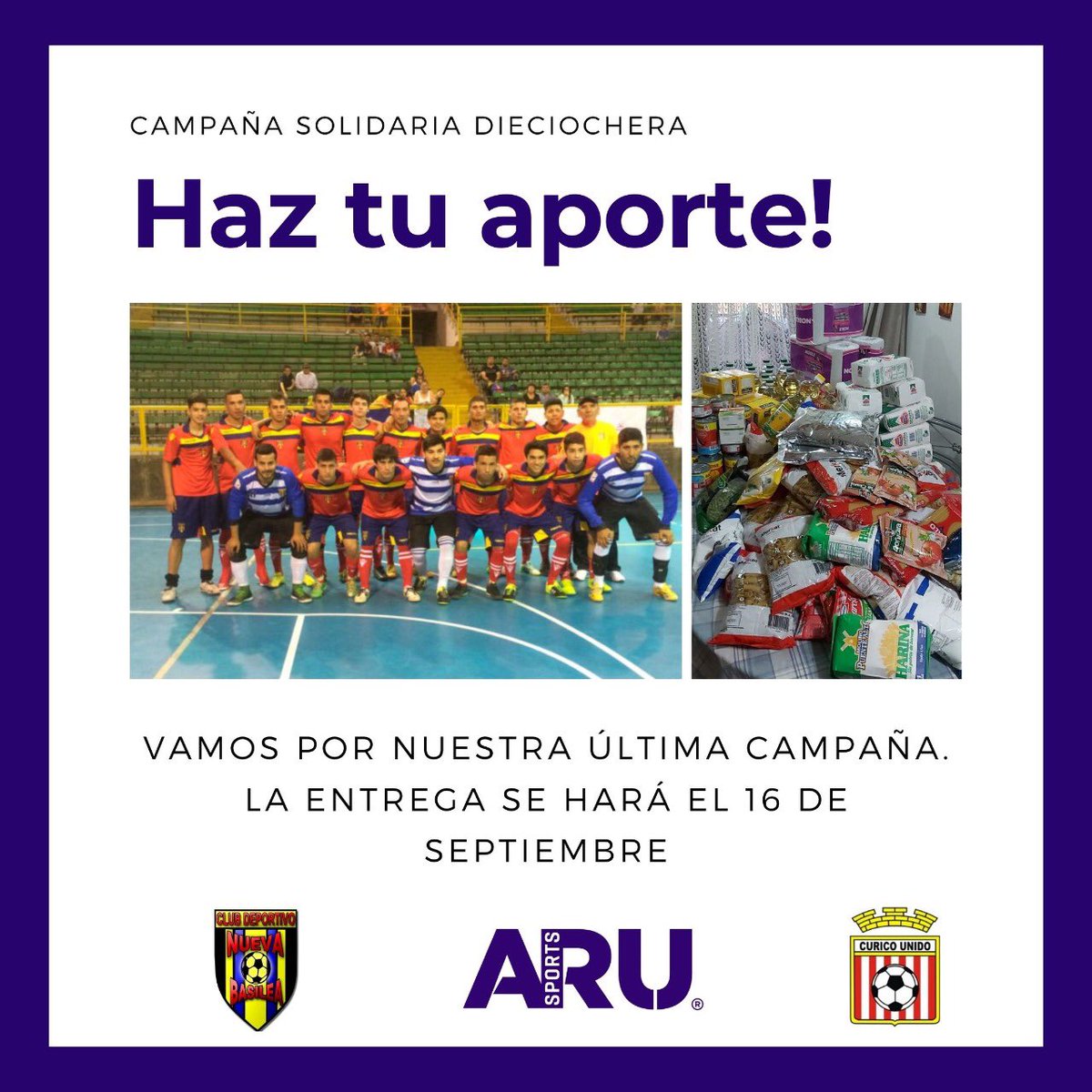 AruSports's tweet photo. 🇨🇱ÚLTIMA ENTREGA DE CAMPAÑA SOLIDARIA DE FIESTAS PATRIAS🇨🇱
.
✅SÚMATE Y HAZ TU APORTE para que las familias de @futsal_nueva_basilea de #bajosdemena #puentealto sepan que no están solas. ✅ 
Contáctanos: pasion@arusports.cl
.
A través del #deporte desarrollemos la #solidaridad https://t.co/7FxTaIjDy3