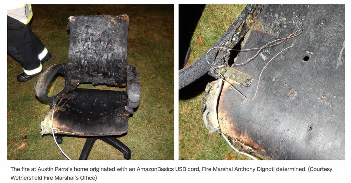 The fire that left this chair charred was caused by an AmazonBasics USB cable, the fire marshal determined. It’s no longer for sale, but there were warnings from other customers on Amazon’s product page for at least a year before it was pulled:  http://cnn.it/3bKFpKL 