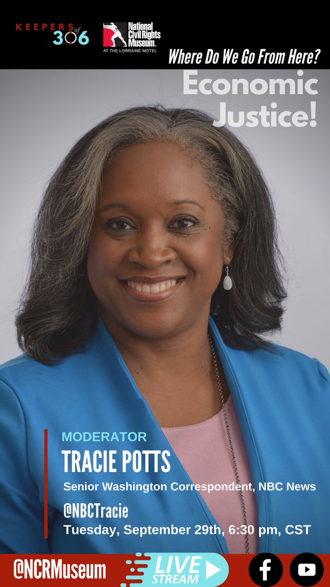 Keepersof306's tweet photo. We are thrilled to welcome back @nbctracie to moderate our virtual town hall panel with @NCRMuseum to discuss economic justice on September 29! Learn more here: https://t.co/efI5yBDuhv. https://t.co/OZoiFTma95