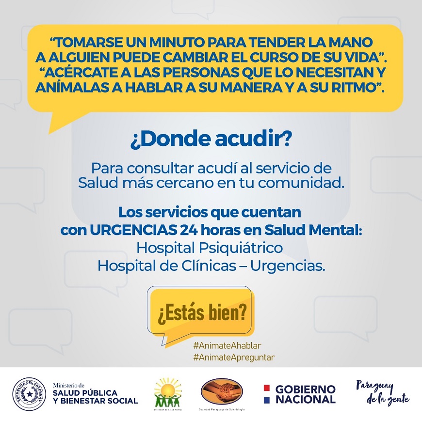 msaludpy's tweet photo. “Tomarse un minuto para tender la mano a alguien puede cambiar su vida”

🗨️Una llamada, un mensaje, la supervisión de los cambios emocionales pueden servir para accionar y brindar ayuda. 

➕ℹ️ https://t.co/B6EMHErnYP

#AnimateAhablar 
#AnimateApreguntar https://t.co/5RyEITs85T