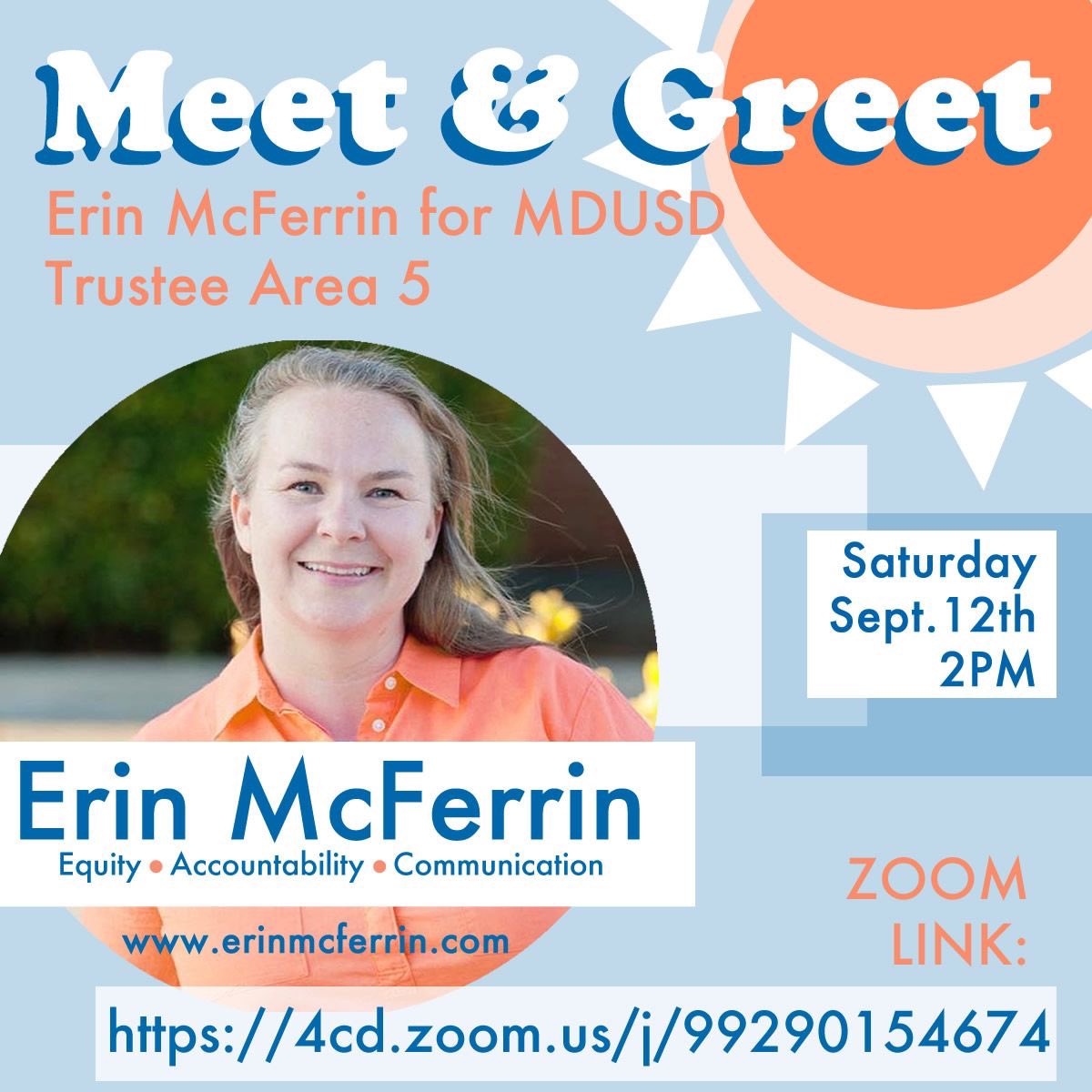 erin4sb's tweet photo. Our next Meet and Greet will be this Saturday! We’ll talk about my campaign, and listen and respond to community feedback and questions about MDUSD. Please let us know if you can make it. Zoom: https://t.co/QERO0ULcka https://t.co/MkhpKIKXmx