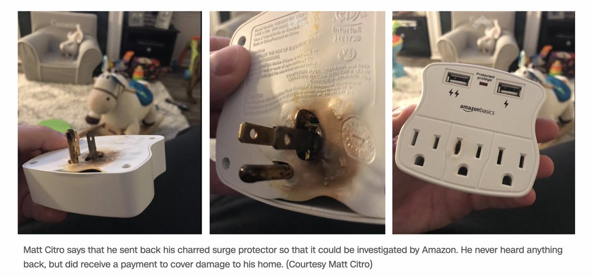 This AmazonBasics surge protector burst into flames while it was plugged in but not being used, another customer reported. Amazon continued to sell the surge protector for nearly two years, even as 40 more reviews reporting safety issues piled up:  http://cnn.it/3bKFpKL 