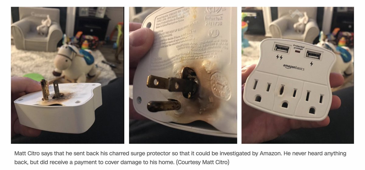 This AmazonBasics surge protector burst into flames while it was plugged in but not being used, another customer reported. Amazon continued to sell the surge protector for nearly two years, even as 40 more reviews reporting safety issues piled up:  http://cnn.it/3bKFpKL&nbsp;