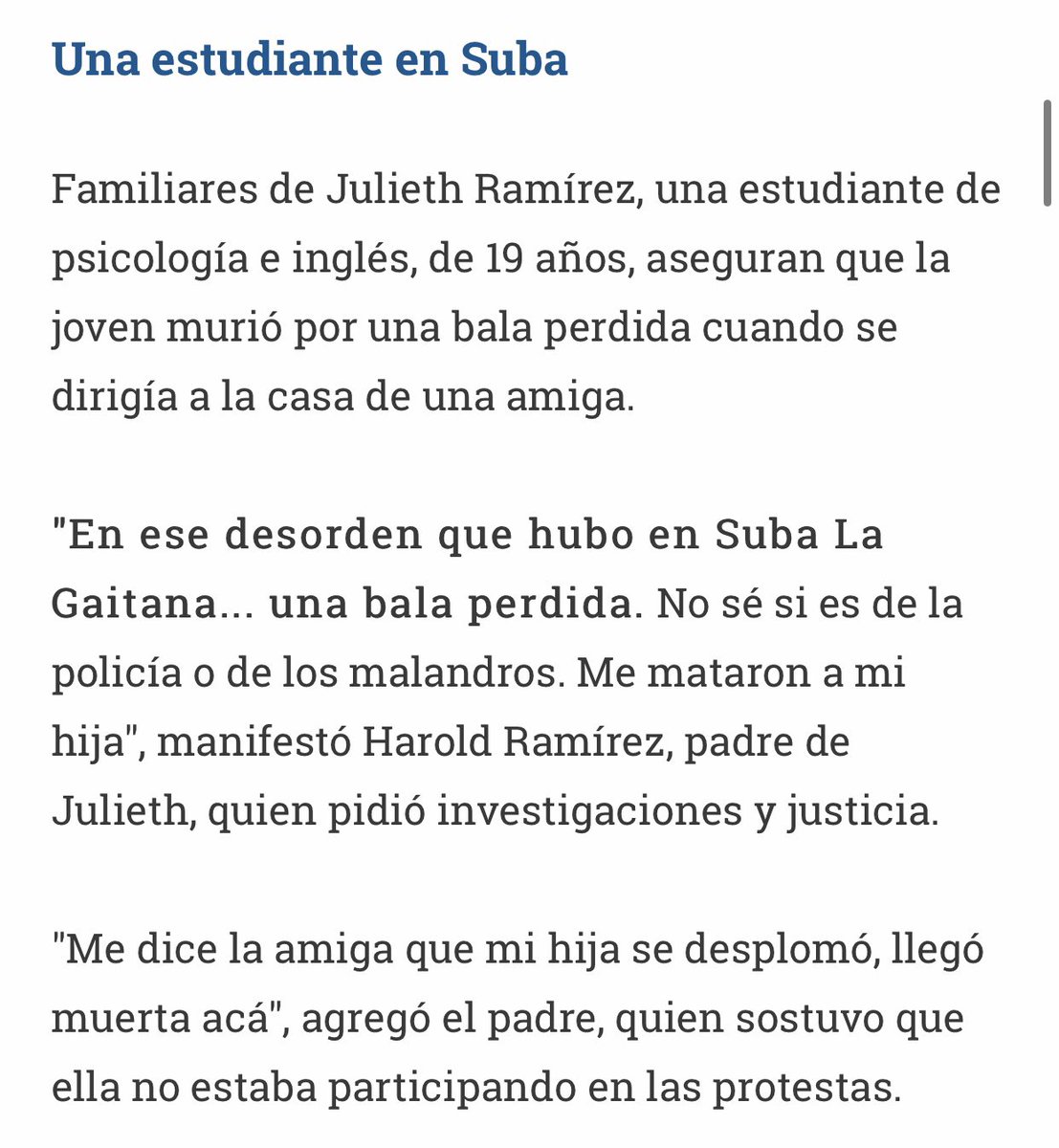 CA_materialista's tweet photo. Julieth Ramirez, 19 años, estudiante.  La mataron durante los disturbios de ayer.  Ella era la hijita de uno de los proveedores de mi marido, el señor Harold Ramirez, un vendedor maravilloso de la empresa Textiles Romanos. https://t.co/cP264FyHwe