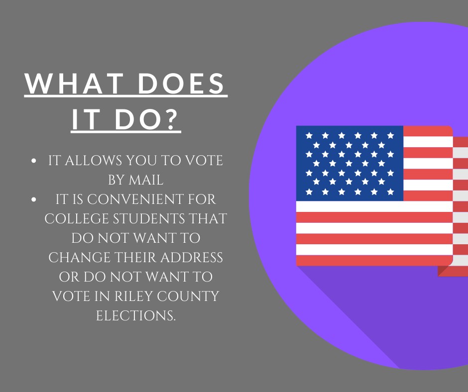 votemhk's tweet photo. Absentee ballots allow you to vote even if you are not registered in Riley county! https://t.co/00edzBQHsl