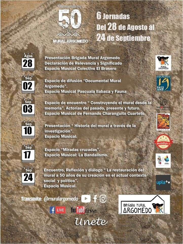 10sept #50AñosUP

Hoy en #ViñaDelMar se vivirá la 4 jornada de las celebraciones de los 50 años de la UP.

#Presentacion| Historia del Mural a través de la investigación.

🕑18 HRS
👉 transmisión en facebook.com/Mural-Argomedo…

#UnPasadoLlenoDeFututo
#AllendeVive