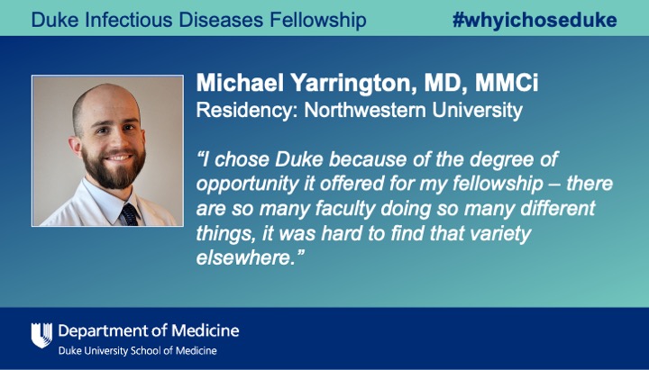 We encourage our fellows to pursue innovative career paths that will be most appropriate for them! Mike Yarrington is a prior Chief Fellow (now faculty) who works with <a href="/DCASIP_duke/">DCASIP</a> and pursued a <a href="/DukeMMCi/">Duke University MMCi</a> degree during training. #IDTwitter #WhyIChoseDuke