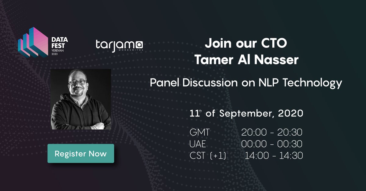 TarjamaMENA's tweet image. Join us tomorrow in the International #DataFest where our CTO, Tamer AlNasser will speak in an exciting panel discussion on NLP technology. Don&apos;t miss this unique opportunity and register now! datafest.am

#BeyondData #NLP #AI