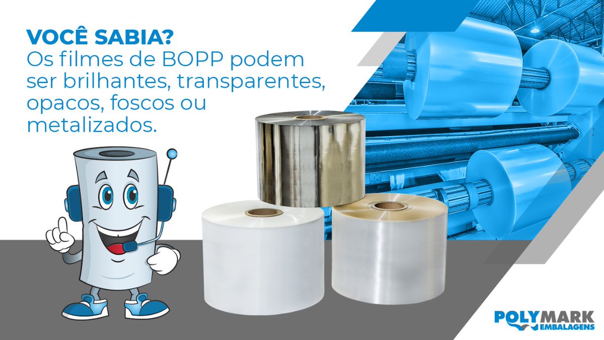 PolymarkE's tweet image. Você sabia que os filmes de BOPP podem ser brilhantes, transparentes, opacos, foscos ou metalizados?
Para mais informações, visite nosso site: polymarkdist.com.br