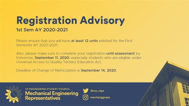 me_reps's tweet photo. [REGISTRATION REMINDERS]
Tomorrow is the last day of registration! 
Get post-advised if you haven't already. 
Changemat deadline is on Monday, September 14. https://t.co/M240SX0chO