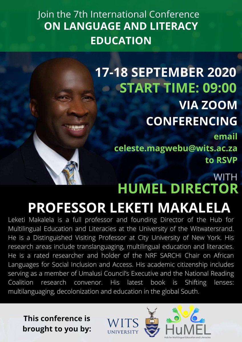 Wits_HuMEL's tweet photo. We are happy to announce that one of this year's keynote speaker is HuMEL's director @LeketiMakalela who is a world class scholar in his own right. Do send an email to celeste.magwebu@wits.ac.za to reserve your place. https://t.co/GIVWfAyo6T