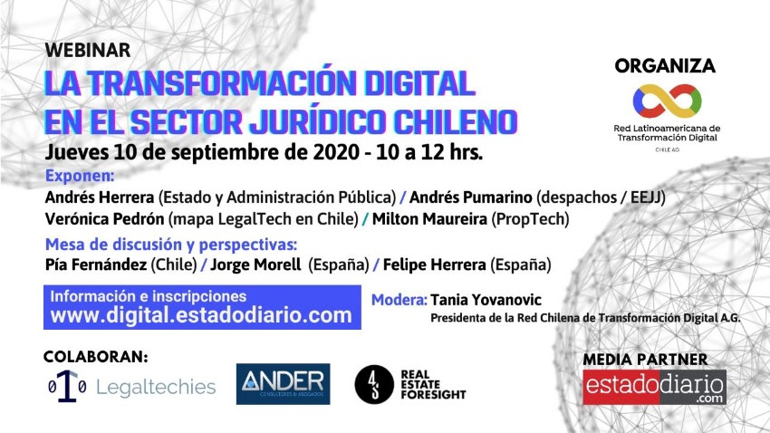 A_definitivas's tweet image. Hoy jueves día 10 de septiembre (a las 10h AM en Chile, a las 15h en España), nuestros compañeros @FelipeA_Herrera y @veronica_pedron participarán en el webinar organizado por la @redtdlacde sobre la "Transformación digital en el sector jurídico chileno"⤵️
digital.estadodiario.com