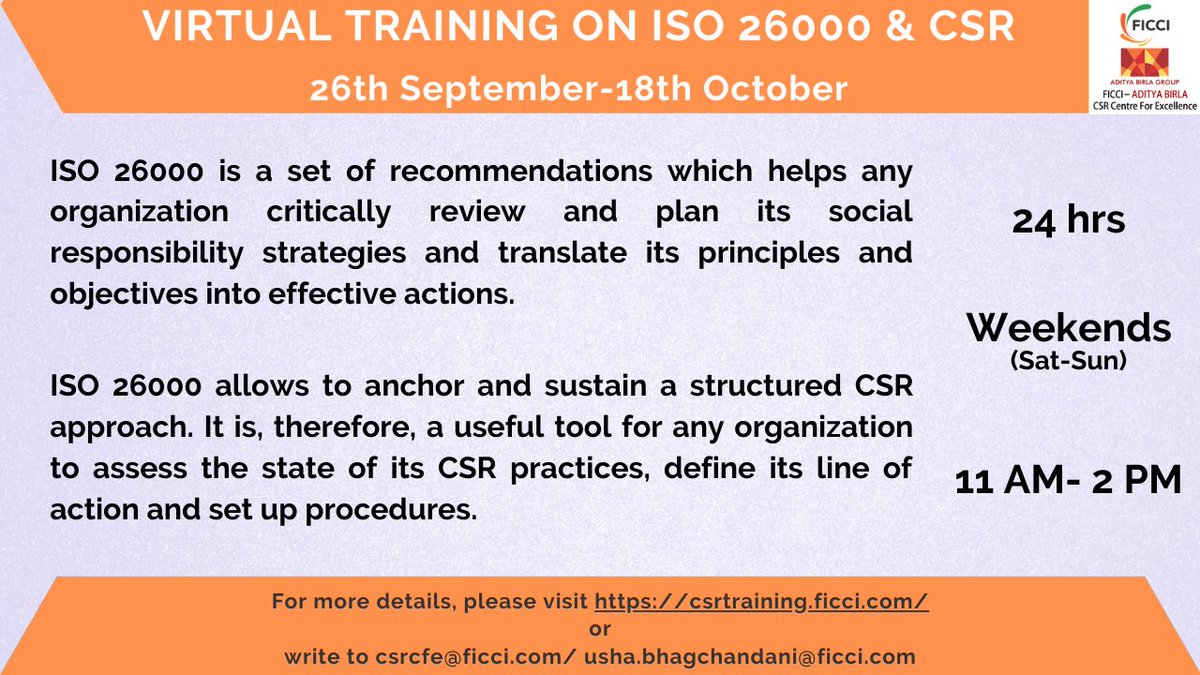 FicciCSR's tweet photo. FICCI CSR is organising a Virtual Training on ISO26000 & CSR for corporates to review their social responsibility strategies.
For more details, please visit https://t.co/YycD8r4y6X or write to csrcfe@ficci.com
#CSRTraining
#virtuallearning
#sustainabledevelopment https://t.co/d8oLmR6h9k