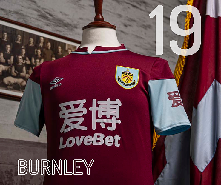 19. Burnley - Claret and blue should be a classic colour scheme but the sponsor's logo is about 40% of the fabric. Not that we'd have the guts to tell gaffer Sean Dyche that we didn't like it, by the way.
