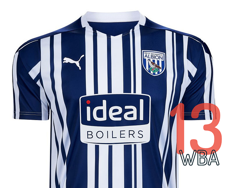 13. The Baggies are back in the big time and we're fairly keen on the bold stripes that Puma has given them. Unfortunately they clash with the stripes on the badge, and it's hard to read the sponsor, fortunately, they have a giant boiler as a mascot to help. Ideal.