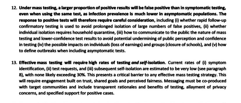 When testing millions a week, there will be masses of false neg/false pos/non-infectious pos, as SAGE outline.What is the plan to deal w/ these? The opportunity cost (& £ cost) of this programme also needs to be evaluated.Would just a robust TTI be more effective overall?8