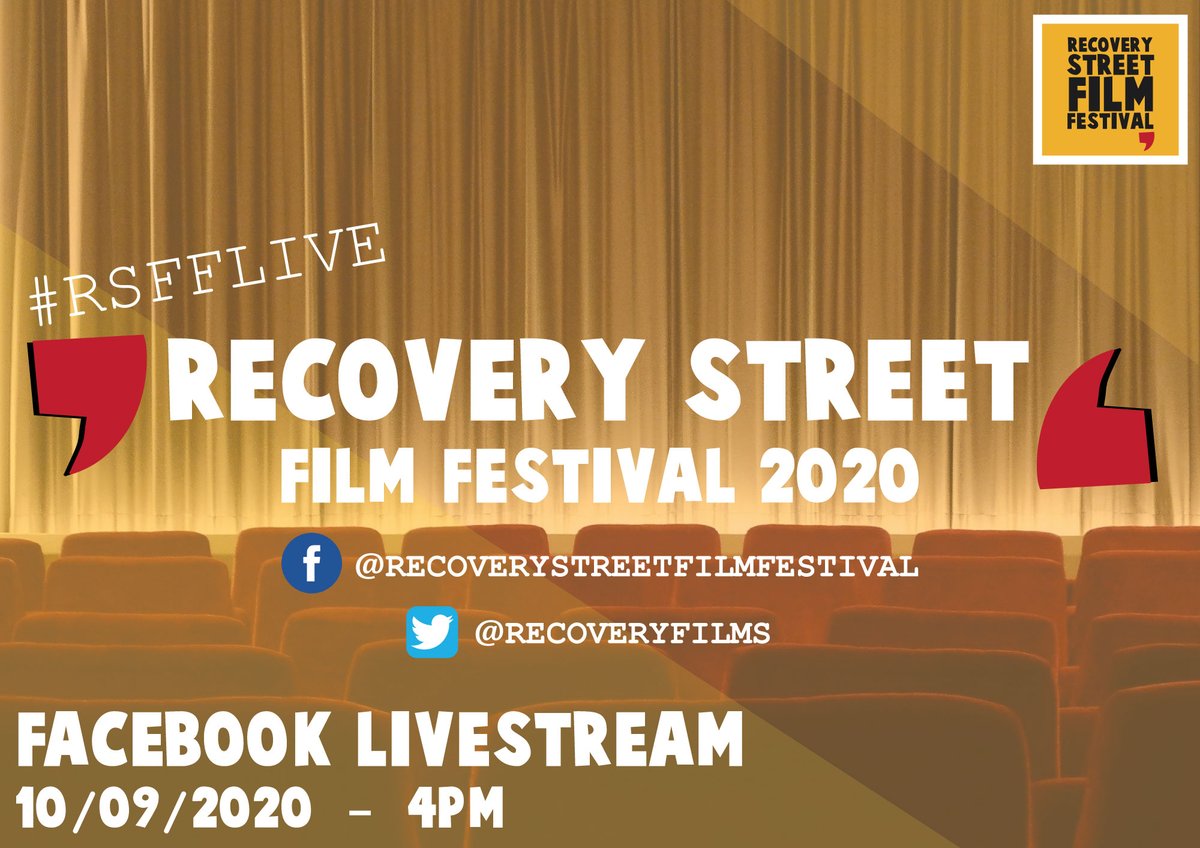 RecoveryFilms's tweet photo. TODAY'S THE DAY! Recovery Street Film Festival 2020, livestreaming at 4PM from our Facebook page. Don't miss a brilliant selection of short films and some very special guests 🤫🎥

#rsfflive #recoverystreetfilmfestival #RecoveryMonth #recovery #filmfestival2020 #filmfestivals https://t.co/DRx6DGrbSC