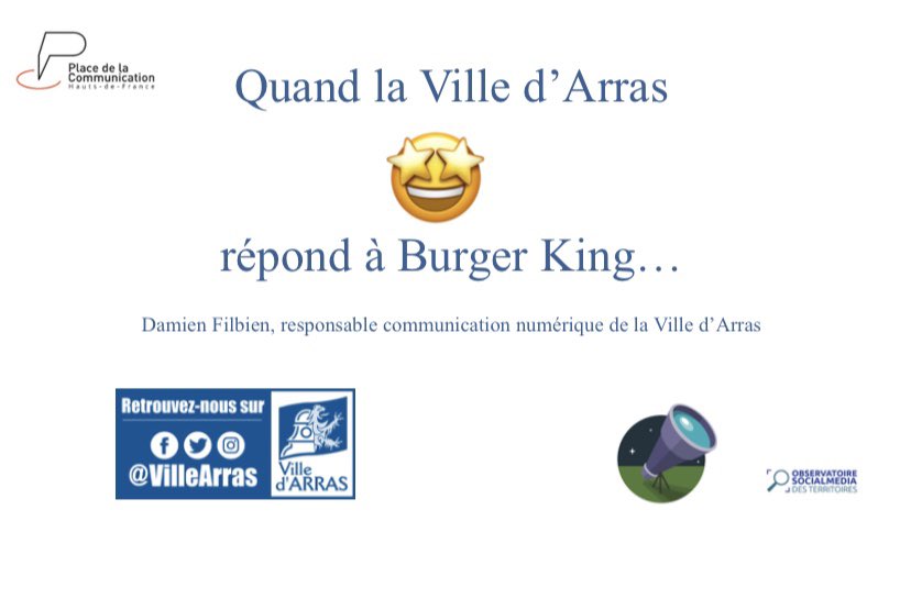 MyObservatoire's tweet photo. .@damienfilbien présente la fameuse « opération Burger King » pendant laquelle la @VilleArras a répondu avec humour à une publicité de l’enseigne de restauration rapide pour son arrivée à #Arras.  

#socialmedia #compublique #PDLC2020 https://t.co/nQrw5Cbols